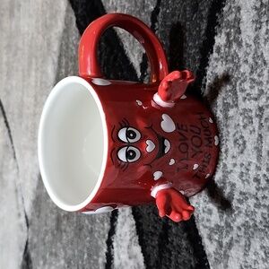 RED "I LOVE YOU THIS MUCH" TEXTURED HEARTS & FACE EXTENDED HANDS COFFEE MUG CUP